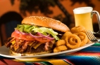 Giant Bacon Cheese Burger with Onion Rings and Beer