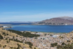 Aerial view Titicaca Lake peruvian Andes Puno Peru